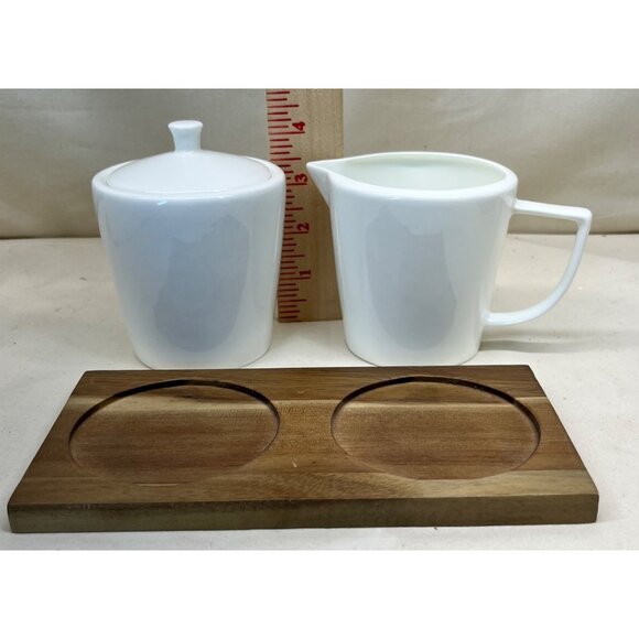 Ciroa Simplus White Creamer Sugar Bowl with Lid Wood Wooden Tray - Picture 7 of 9
